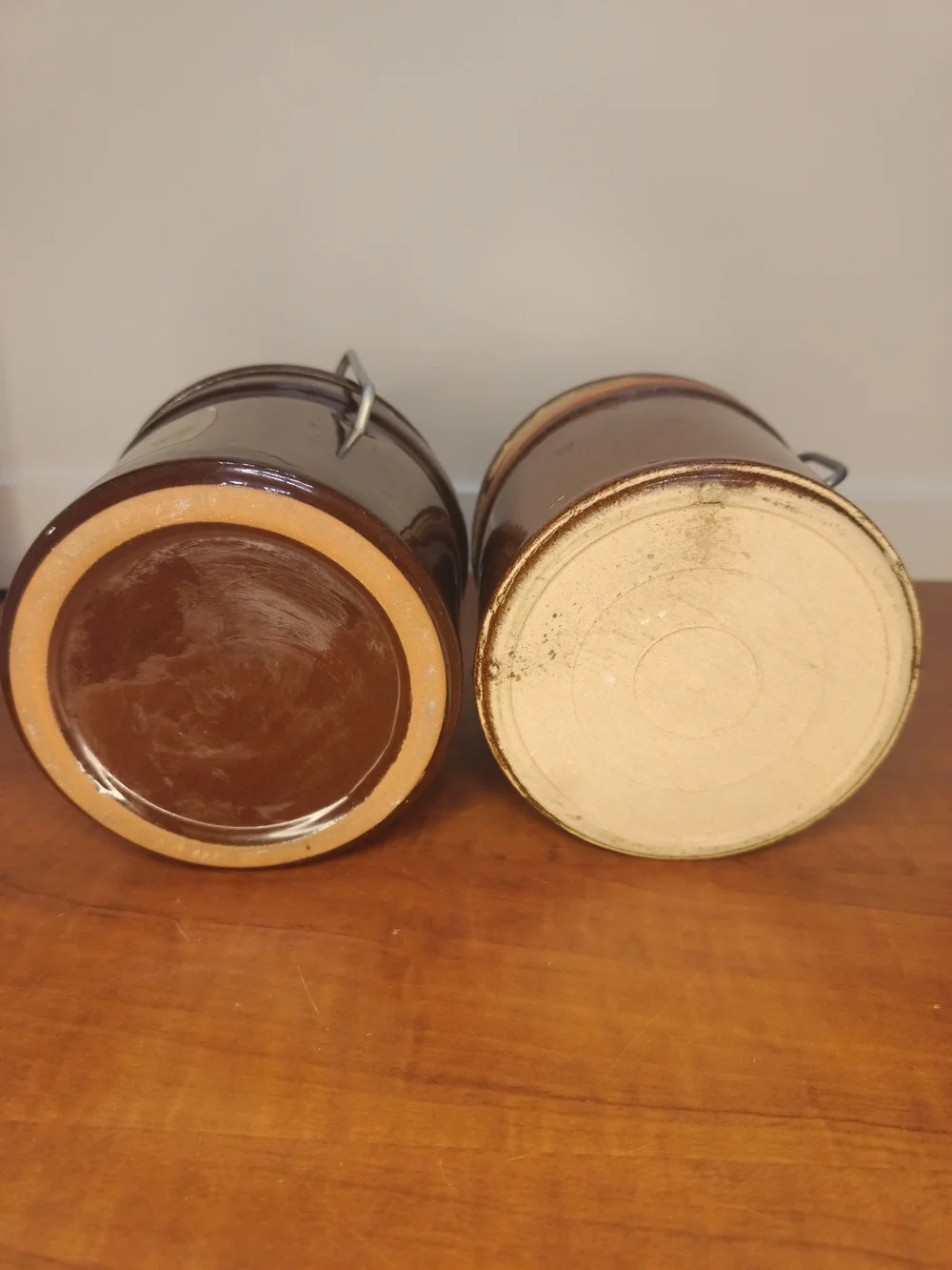 Vintage Brown Glazed Stoneware Cheese Crocks w/ Wire Bail Locking Lids & Gaskets